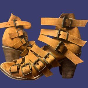 Free People Boho Strappy Leather Heeled Sandals Tan Women’s Size 9